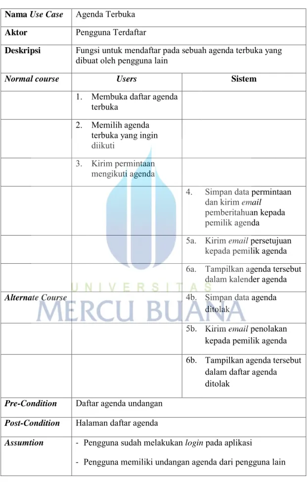 Tabel 3.2.9 Use Case Description Agenda Terbuka