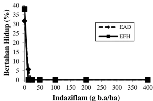 Tabel 2. Persentase gulma E. indicaEAD dan  EFH  yang  bertahan  hidup  3  MSA  pada berbagai dosis parakuat 