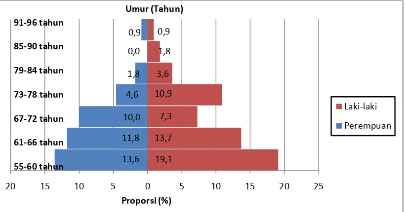 Gambar 6.2. Diagram Bar Distribusi Proporsi Lansia Penderita Fraktur Rawat Inap Berdasarkan Umur dan Jenis Kelamin di Rumah Sakit Haji Medan tahun 2005-2009  