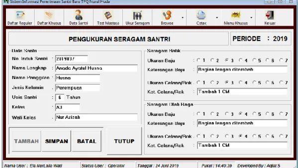 Gambar III.7 Menu Pengukuran Seragam Santri 