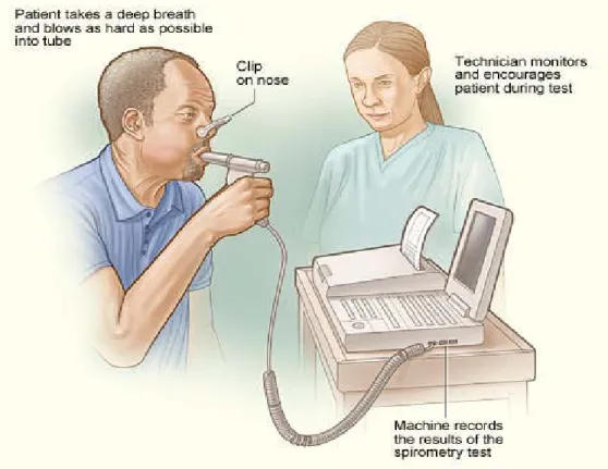 Gambar 2.3: Cara Melakukan Pemeriksaan Spirometri (British Thoracic Society)  2.1.16. Beberapa Masalah yang berkaitan dengan pemeriksaan spirometri: 