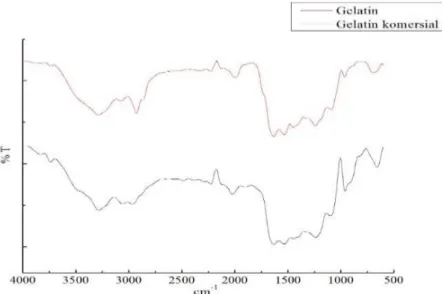 Gambar 2. Spektrum hasil dari analisis FTIR gelatin kulit ikan belida dan gelatin komersial  Tabel 2