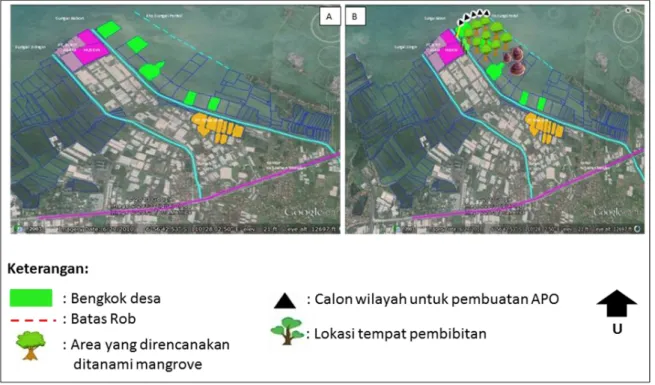 Gambar 3.  Kelurahan Trimulyo, Genuk, Semarang (A) dan rencana kegiatan perlindungan   pantainya (B) 