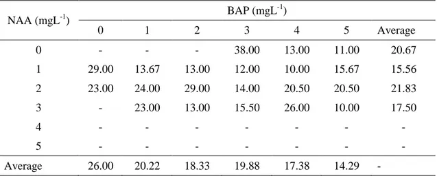 Table 2.  The effect of various concentrations of NAA and BAP on the speed of shoot formation  on in vitro culture of pineapple cv