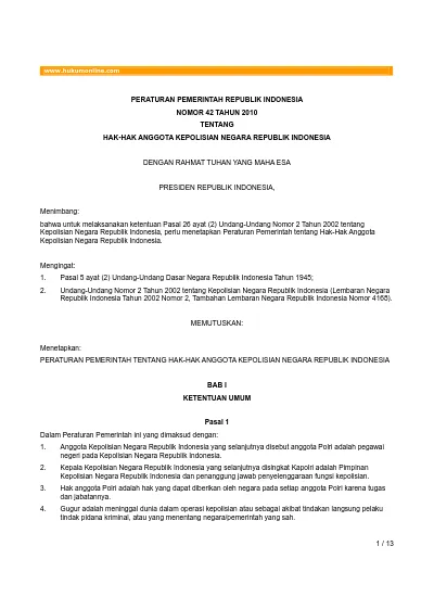 PERATURAN PEMERINTAH REPUBLIK INDONESIA NOMOR 42 TAHUN 2010 TENTANG HAK ...