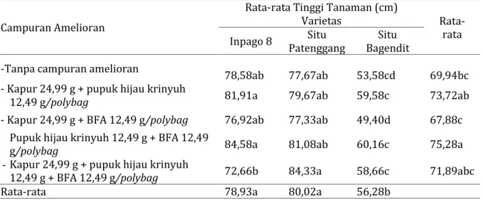 Tabel 1.  Rata-rata  tinggi  tanaman  (cm)  beberapa  varietas  padi  gogo akibat pemberian  campuran amelioran