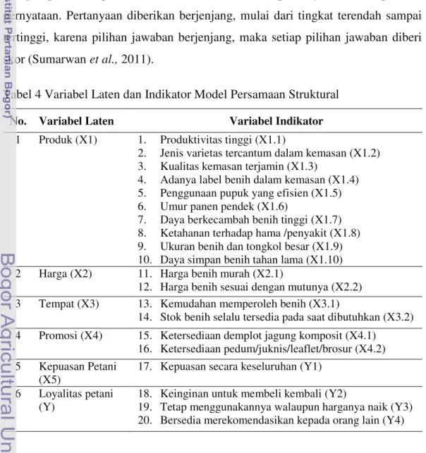 Tabel 4 Variabel Laten dan Indikator Model Persamaan Struktural   No.  Variabel Laten  Variabel Indikator 