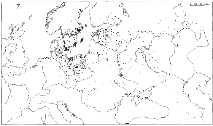Fig. 13. Utbredelsen av arabiske mynterfwmet i Europa. Etter: Jansson1988. Fig. 13. The distribution of Arabic coins found in Europe
