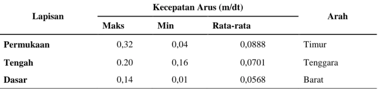 Tabel 2. Kecepatan Dan Arah Arus pada Lapisan   