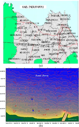 Gambar 1.  Lokasi Penelitian Penanggulangan Erosi (a),  Peta Batimetri Hasil Pengukuran Bulan Mei  2006 dan Tanda О ialah Mooring I dan II (b)  di Eretan Indramayu dengan Area Penelitian  antara Lintang: 6.322–6.315 S; Bujur Timur:  108.07312–108.09 BT