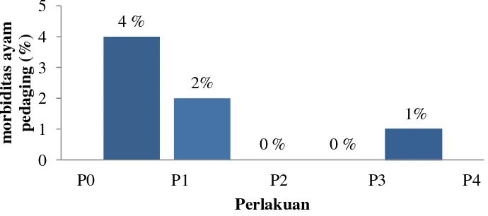Gambar 2. Persentase morbiditas ayam pedaging pada perlakuan P0 (4%), P1 (2%) P2  