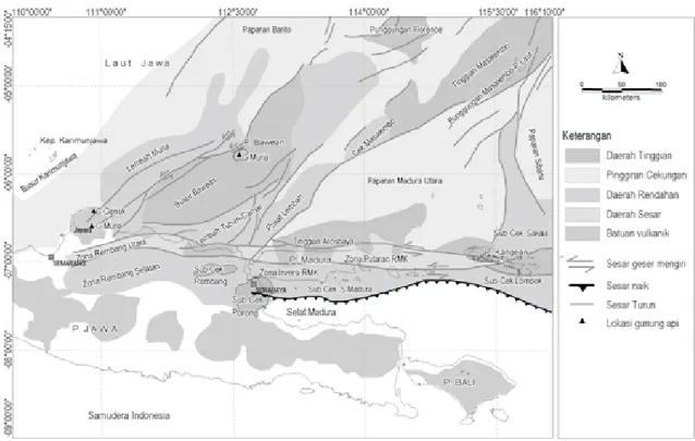 Gambar 2. Produk tektonik dan vulkanik regional pada jalur vulkanik busur belakang di Laut Jawa (Hamilton, 1974; Reminton, 1996; Darman and Sidi, 2000; Anonim, 2006).