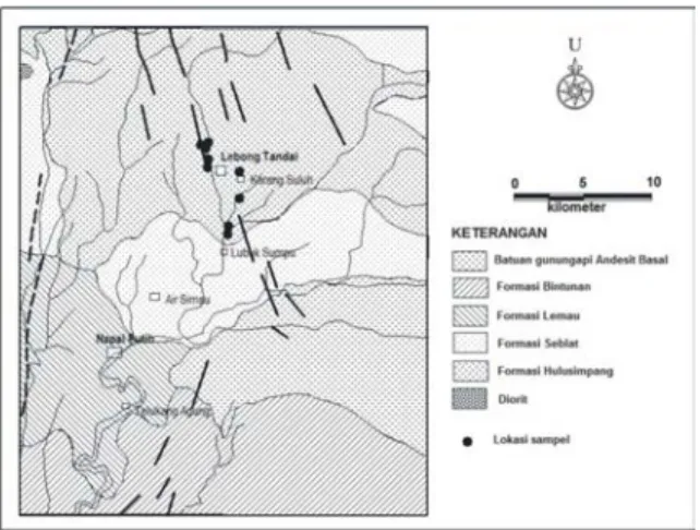Gambar 4. Peta geologi regional daerah Lebong Tandai dan  sekitarnya, serta lokasi pengambilan percontoh (dimodifikasi  dari peta geologi lembar Sungaipenuh dan Ketaun, Bengkulu; 
