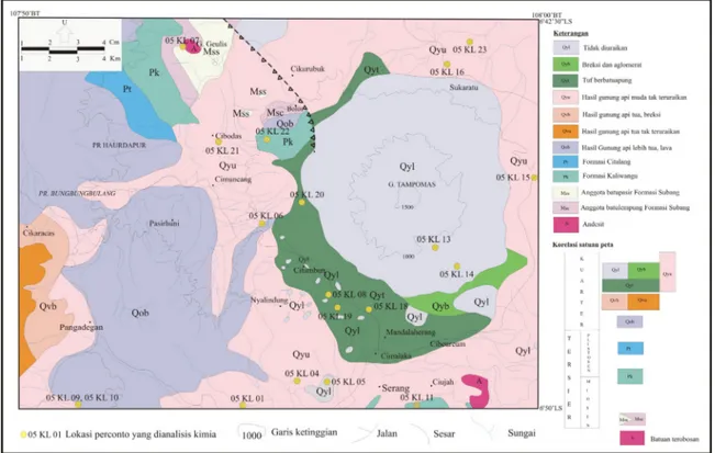 Gambar 2. Peta geologi Gunung Tampomas dan sekitarnya (Silitonga, 2003) dengan tambahan lokasi percontoh yang di- di-analisis kimia.