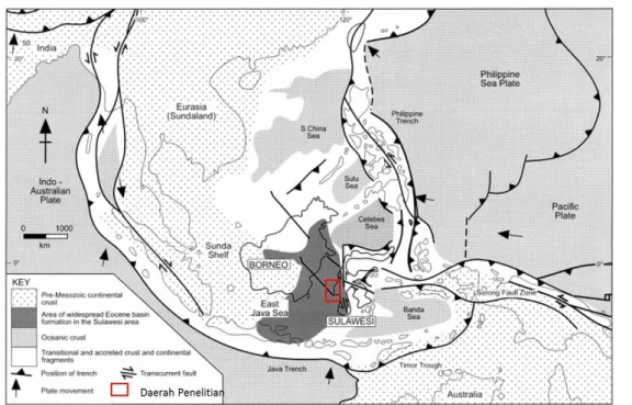 Gambar  2.  Tataan  tektonik  regional  pulau  Sulawesi  dan  Borneo  serta  sebaran  daerah  kratonik  pre-Mesozoikum  dan terbentuknya cekungan di Sulawesi [6] 