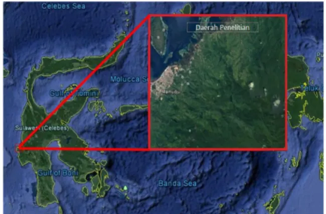 Gambar  1.  Lokasi  penelitian  pada  citra  google  map  terletak  di  Mamuju  Propinsi  Sulawesi  Barat  (diperbesar pada garis warna merah).