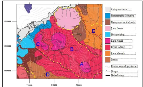 Gambar 9. Peta kontur anomali gayaberat residual dengan latar belakang peta geologi daerah penelitian