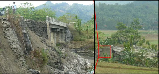 Gambar 3. DAS Luk Ulo dengan tutupan vegetasi yang sangat jarang telah menggerus pondasi Jembatan Gebang