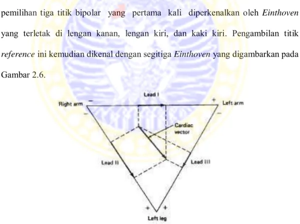 Gambar 2.6 Pemasangan Titik Reference Elektroda 3 Lead (Vahed, 2005)  Secara  sederhana  Gambar  2.6  dapat  di  tansformasikan  ke dalam   bentuk  segitiga Einthoven pada Gambar 2.7