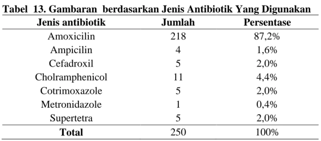 Tabel  13. Gambaran  berdasarkan Jenis Antibiotik Yang Digunakan  Jenis antibiotik  Jumlah  Persentase 