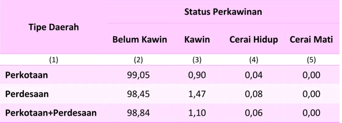 Tabel 4.3   Persentase Anak Perempuan 10-17 Tahun Menurut Status   Perkawinan dan Tipe Daerah di Provinsi Banten, 2013 