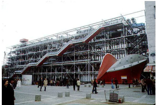 Gambar 3.4. Fasade Pompidou Center, mengekspos escalator tube dan struktur bangunan 