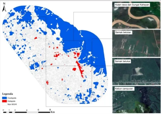 Gambar 5. Sebaran lokasi area cool spots dan hot spots di Kota Palangka Raya dari tahun 2000 sampai dengan  tahun 2018 dan sampel coolspots yang dihubungkan dengan karakteristik tutupan lahan  