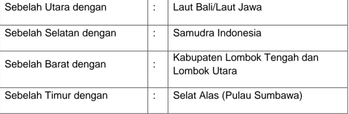 Tabel 1 Batas Administrasi Kabupaten Lombok Timur  Sebelah Utara dengan  :  Laut Bali/Laut Jawa 