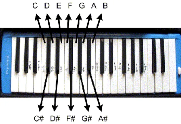 Gambar 1. Nada-nada C, C#, D, D#, E, F, F#,  G, G#, A, A#, dan B yang dikenali pada pianika 