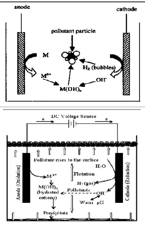 Gambar  1.    Prinsip  elektrokoagulasi  dalam  larutan  elektrolit        untuk  menyisihkan polutan (sumber : Fadhil, 2006) 