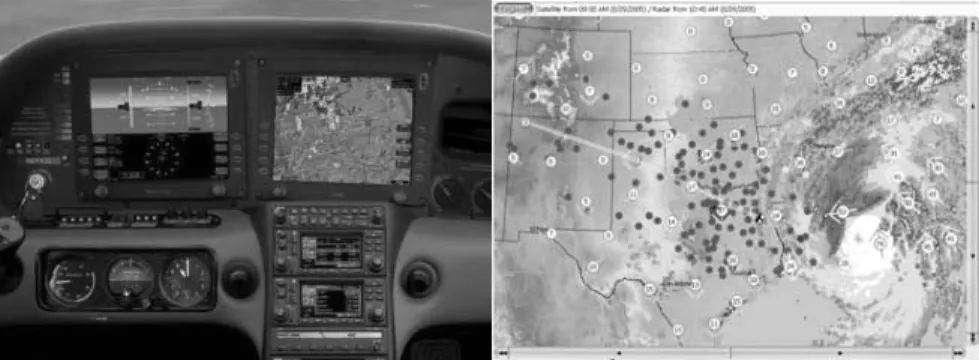Gambar 2.2 – kiri: tampilan instrumen-instrumen penerbangan pada kokpit  pesawat. Kanan: tampilan informasi cuaca dan lokasi pesawat
