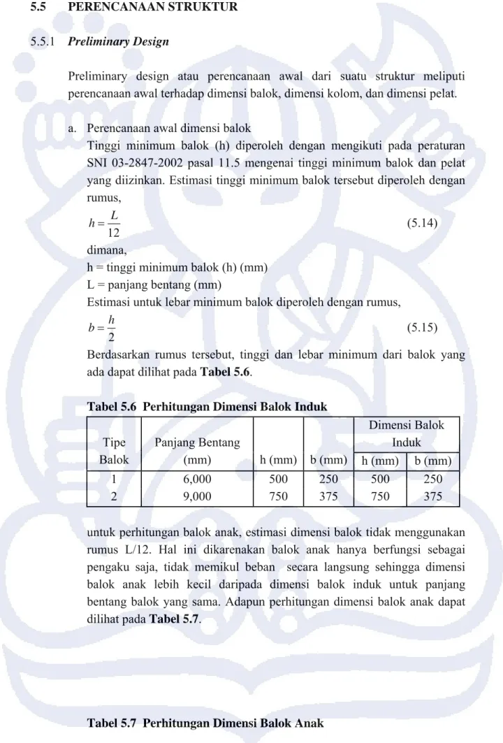 Tabel 5.6  Perhitungan Dimensi Balok Induk 