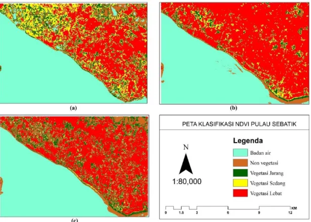 Gambar 3. Peta klasifikasi NDVI Pulau Sebatik citra Landsat (a) Tahun 2005 (b) Tahun 2016  (c) citra SPOT 6 Tahun 2016
