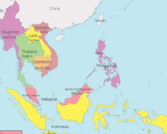 Gambar 1.1 menunjukkan negara-negara ASEAN berdasarkan letak geografis dan  letak berdasarkan koordinat.
