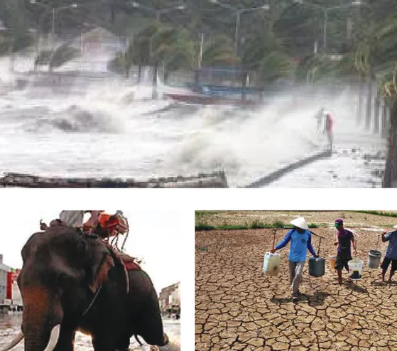 Gambar 1.20 Contoh bencana klimatik yang sering melanda negara-negara ASEAN: puting beliung di  Haiyan Filipina, banjir di Bangkok, dan kekeringan di Jawa Timur, Indonesia.