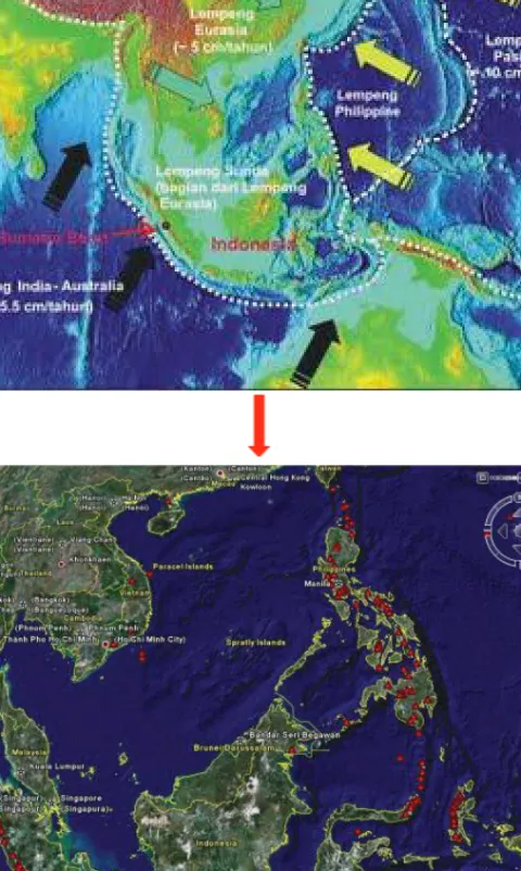 Gambar 1.21 Peta tumbukan lempeng dan persebaran gunung berapi di negara-negara ASEAN.