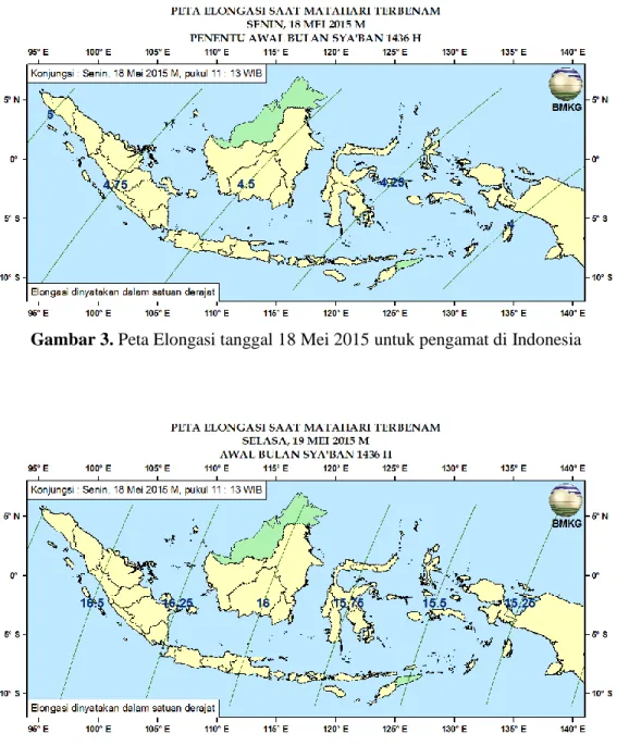 Gambar 3. Peta Elongasi tanggal 18 Mei 2015 untuk pengamat di Indonesia 
