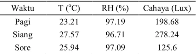 Tabel 8.  Rata-rata  temperatur  udara  (T),  Kelembaban  udara (RH), dan Intensitas Cahaya  