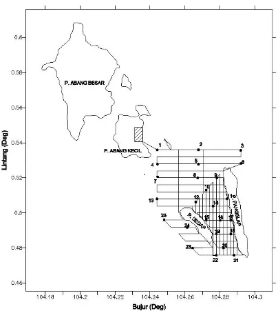 Gambar 1.  Lintasan survei dan stasiun pengamatan di Perairan Pulau Abang Batam 