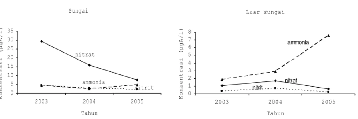 Gambar 2. Konsentrasi senyawa nitrogen di dalam dan luar Sungai Cisadane, 2003 - 2005 
