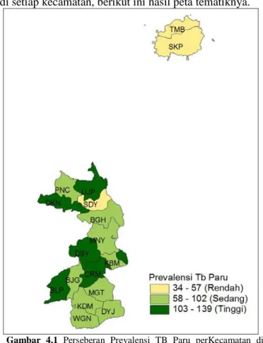 Gambar 4.1  Perseberan Prevalensi TB Paru perKecamatan di  Gresik Tahun 2013 