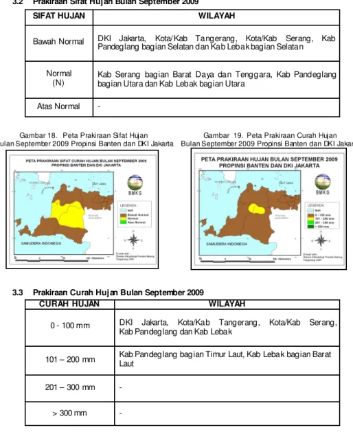 Gambar  19.  Peta Prakiraan Curah Hujan   Bulan September 2009 Propinsi Banten dan DKI Jakarta 