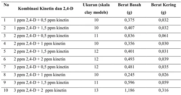 Tabel 3. Ukuran, berat basah dan berat kering kalus asal eksplan batang krisan   (C. morifolium Ramat cv