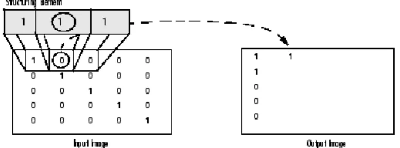 Ilustrasi  cara  kerja  dilasi  pada  gambar  biner  dapat  dilihat  pada Gambar 2.3, sedangkan ilustrasi cara kerja dilasi pada gambar  abu-abu (greyscale) dapat dilihat pada Gambar 2.4
