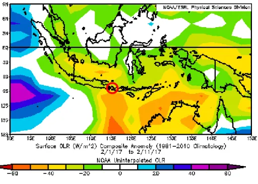 Gambar  3. Anomali  Outgoing Longwave Radiation (OLR)  tgl  1 - 11 Februari  (Sumber  : NCEP/NCAR Reanalysis) 