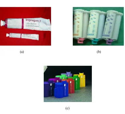 Gambar 1. Kemasan bahan cetak polyether, (a) tube, (b) cartridge (c) kantongan plastik  