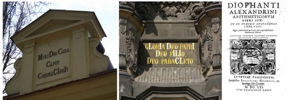 Gambar 1. Kronogram pada gerbang Třebíč, Cekoslowakia, kronogram pada Holy Trinity Column di  Olomouc, Cekoslowakia, dan cover buku Diophantus' Arithmetica yang diterjemahkan ke dalam 