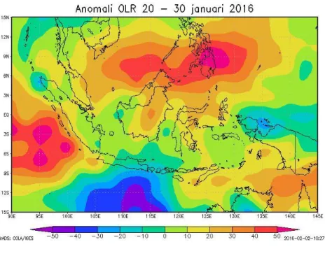 Gambar 2. Anomali Outgoing Longwave Radiation tanggal 20 – 30 Januari 2016  Sumber : http://www.esrl.noaa.gov 