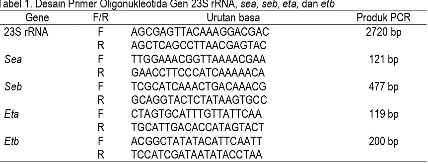Tabel 1. Desain Primer Oligonukleotida Gen 23S rRNA, sea, seb, eta, dan etb 
