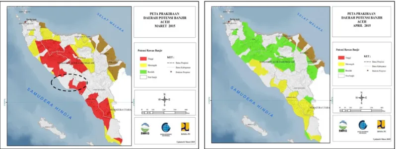 Gambar 10. Prakiraan daerah potensi banjir Bulan Maret dan April 2015  G. Prakiraan Curah Hujan Maret dan April 2015 